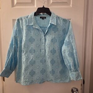 J. Crew sx XL light blue eyelet cutout popover top floral cottagecore casual